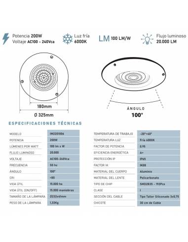 LAMPARA LED HIGH BAY 200W 6000K TREFI LAMPARA LED HIGH BAY 200W 6000K TREFI